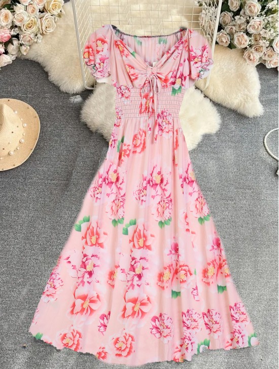Floral V -Neck Short Sleeved Summer Dress